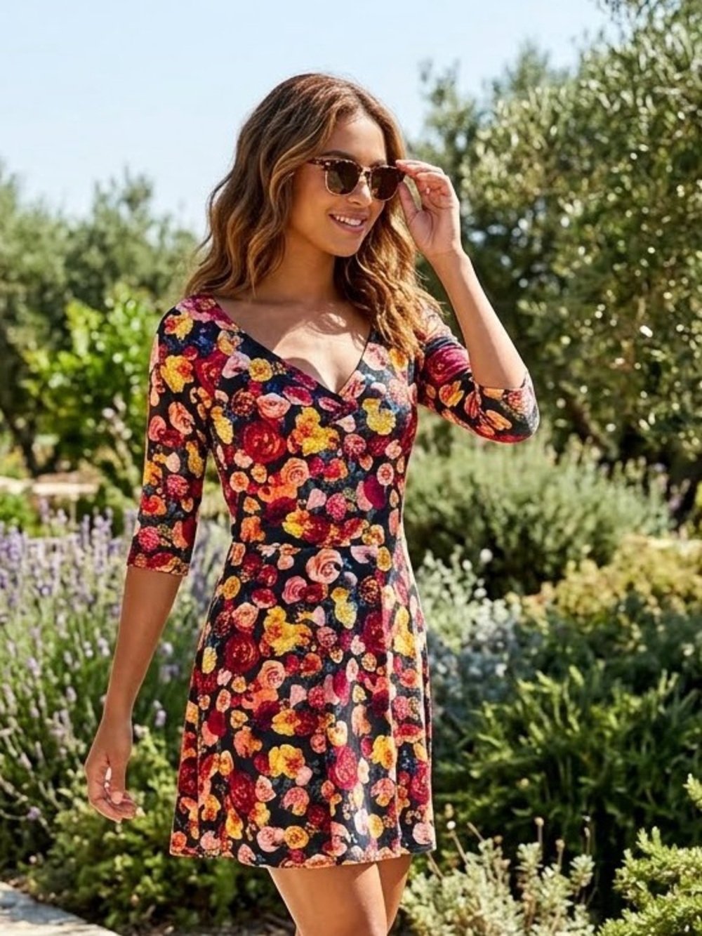 Forever 21 Black Floral Long Sleeve Fit-and-Flare Dress with Red & Yellow Roses